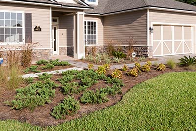 Front yard of a home with small bushes
