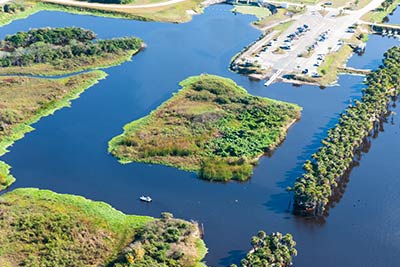 Aerial view of a lagoon